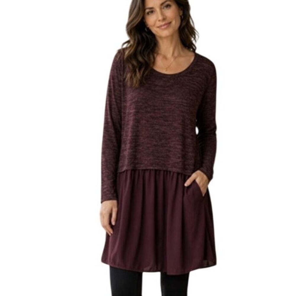 LOGO by Lori Goldstein Drop Waist Dress Womens Large Plum Space Dye Mixed Media